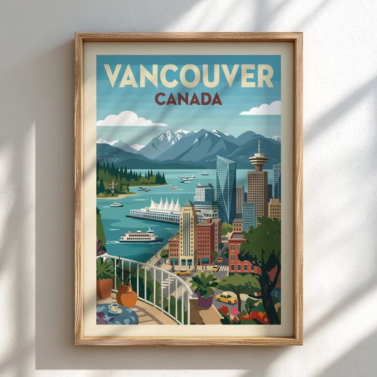 Retro Vancouver skyline travel poster with mountains and harbor, featuring a vibrant color palette.
