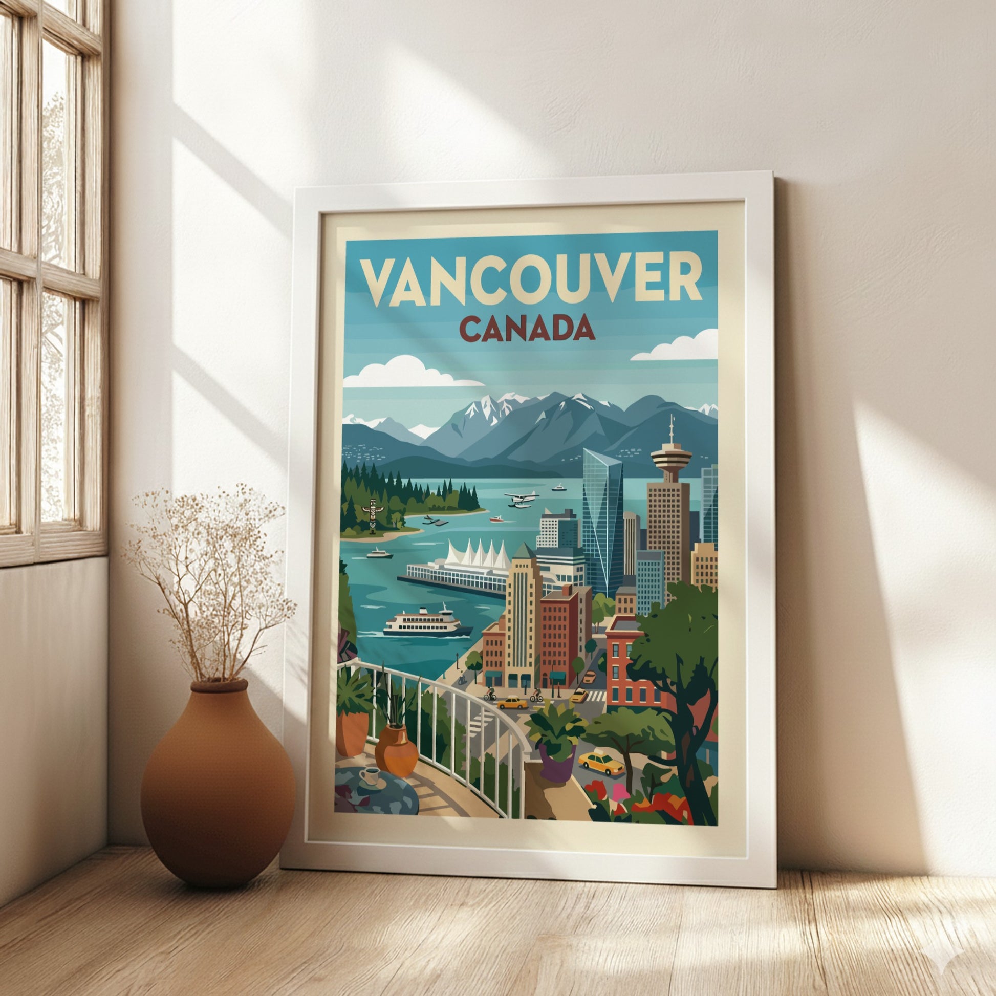 Retro Vancouver skyline travel poster with mountains and harbor, featuring a vibrant color palette.