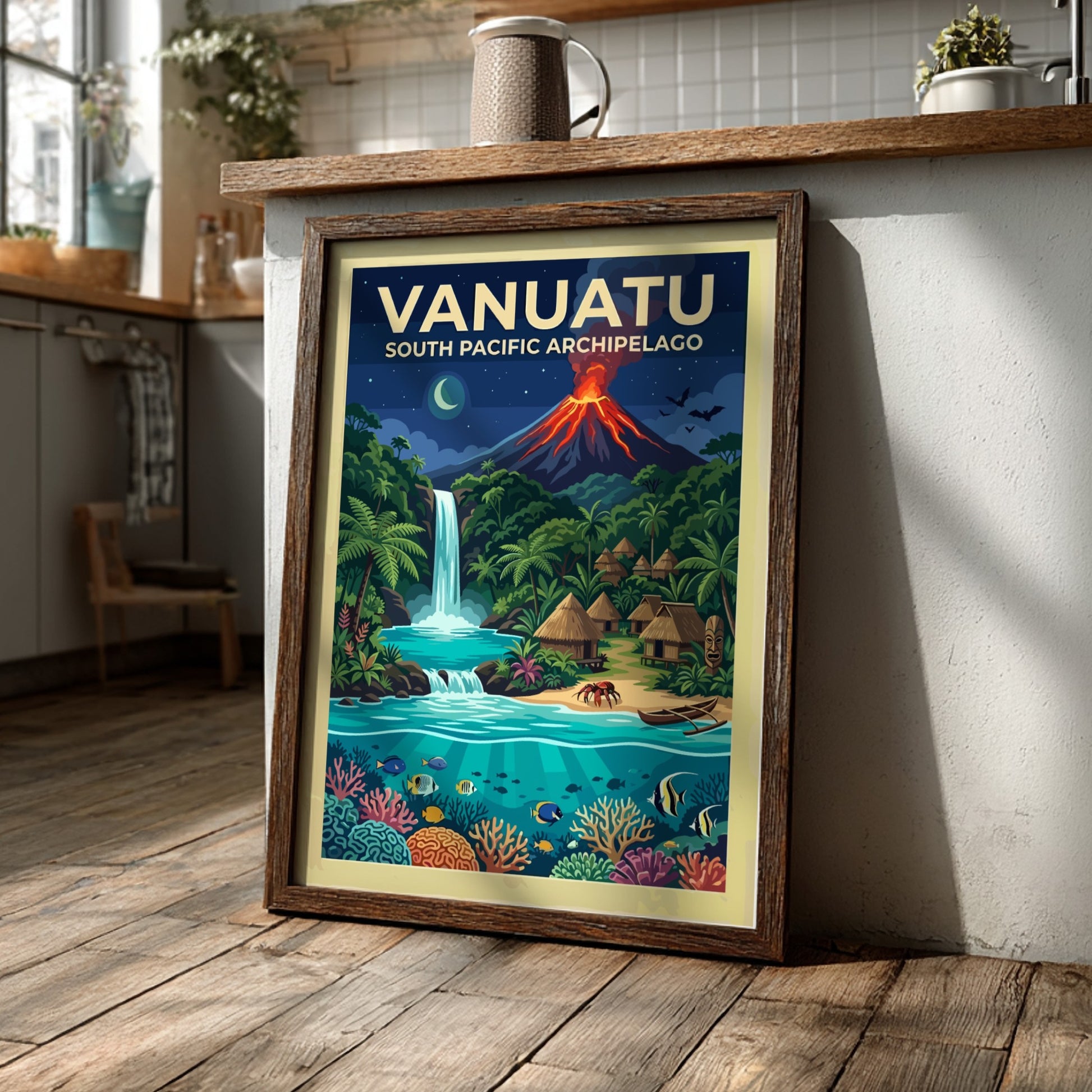 Travel poster of Vanuatu featuring a glowing volcano, waterfall, tropical village, and coral reef.