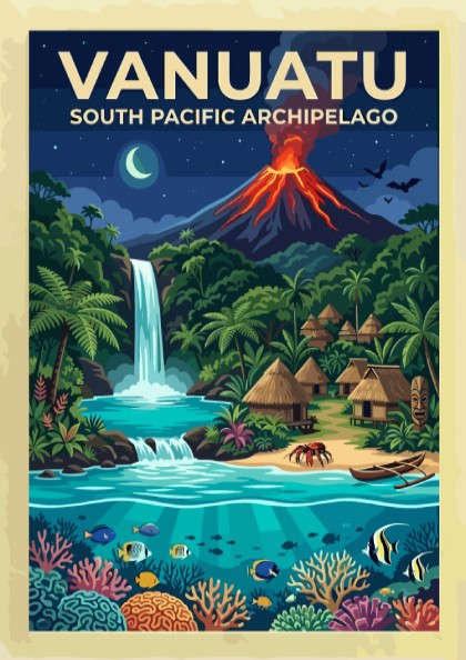 Travel poster of Vanuatu featuring a glowing volcano, waterfall, tropical village, and coral reef.