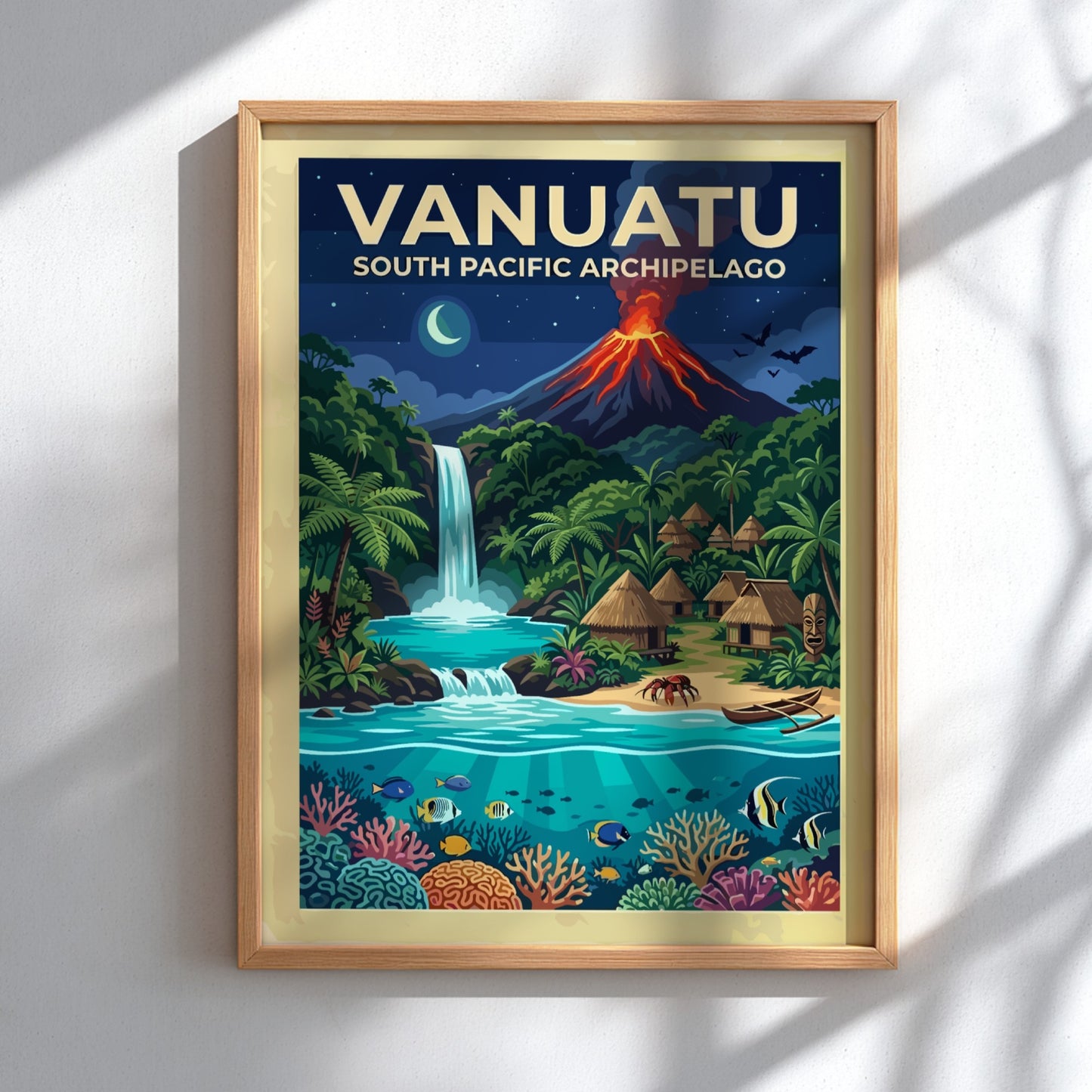 Travel poster of Vanuatu featuring a glowing volcano, waterfall, tropical village, and coral reef.