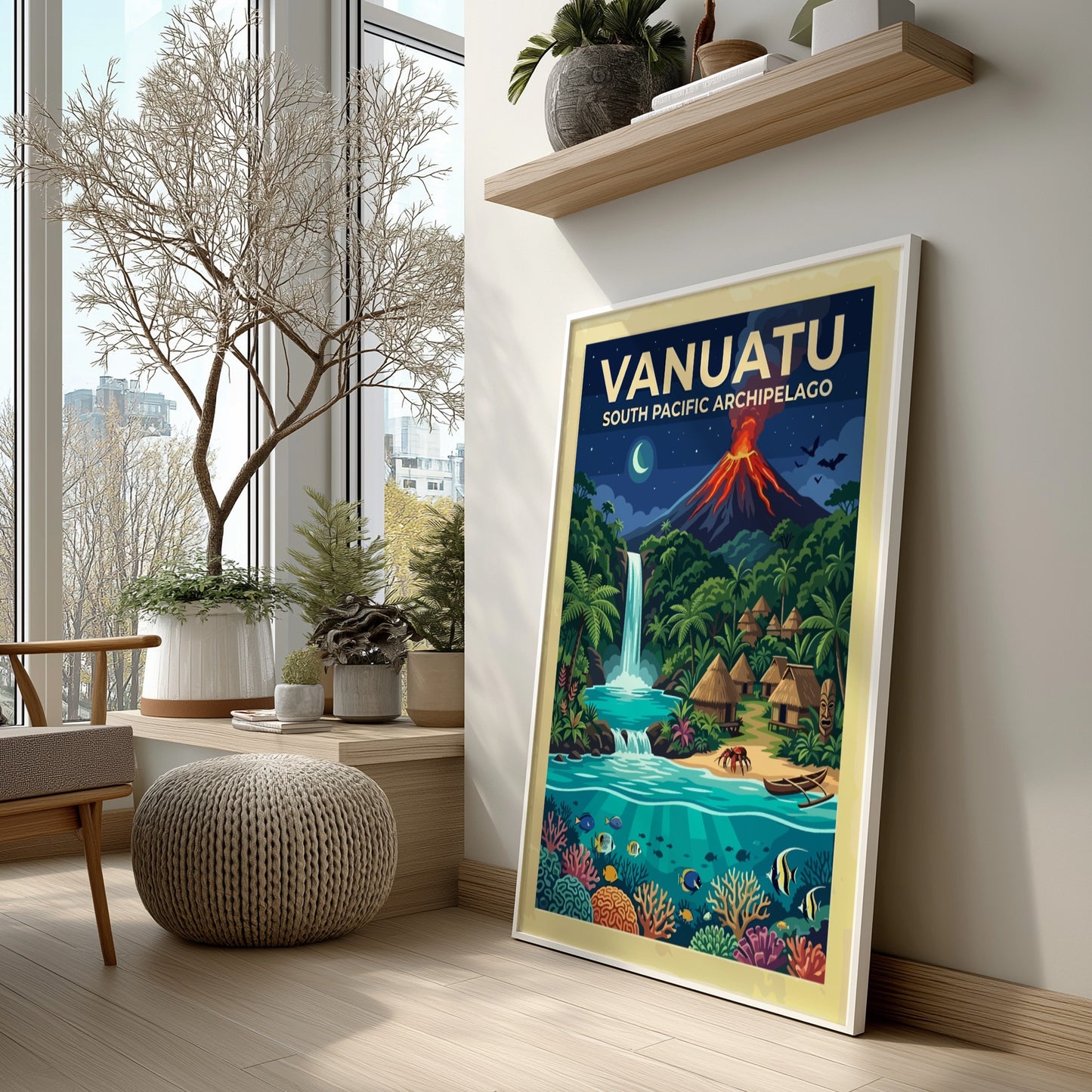Travel poster of Vanuatu featuring a glowing volcano, waterfall, tropical village, and coral reef.