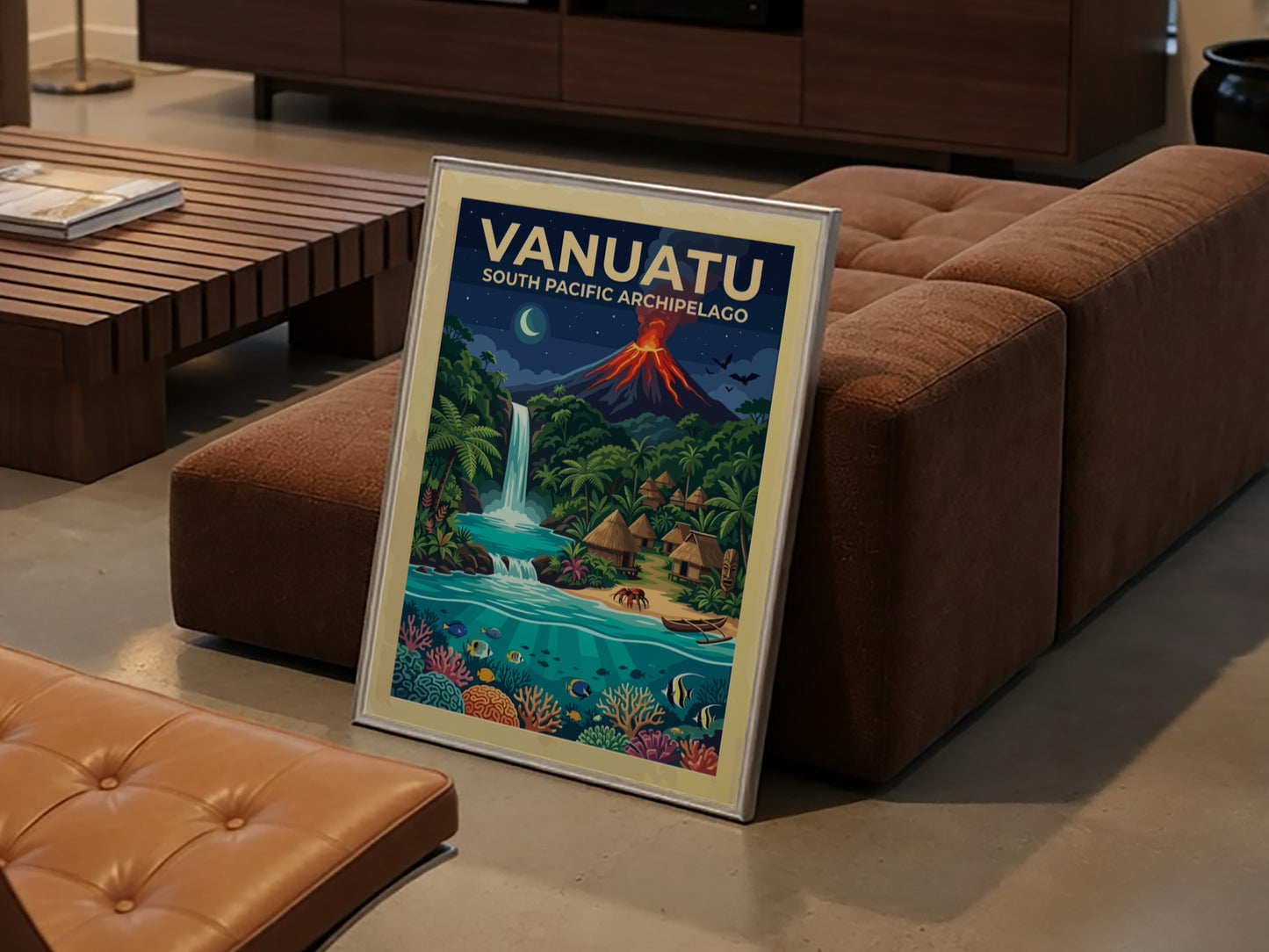 Travel poster of Vanuatu featuring a glowing volcano, waterfall, tropical village, and coral reef.