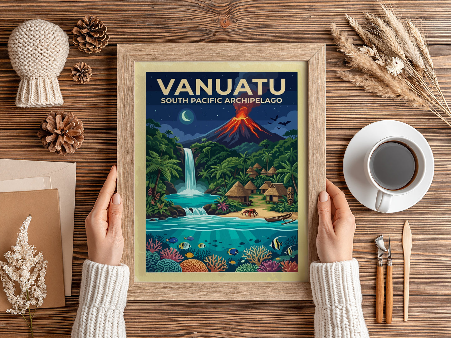 Travel poster of Vanuatu featuring a glowing volcano, waterfall, tropical village, and coral reef.