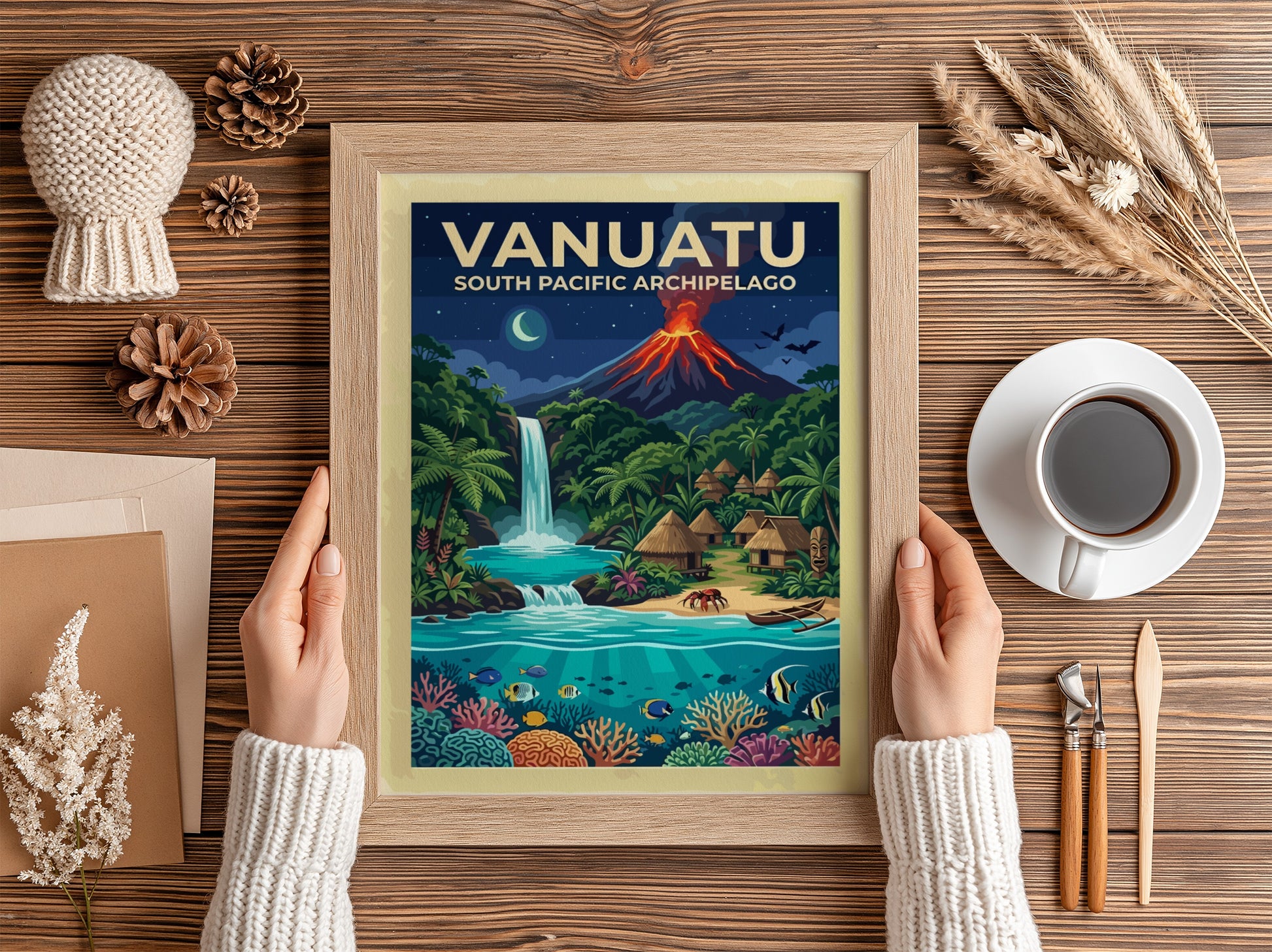 Travel poster of Vanuatu featuring a glowing volcano, waterfall, tropical village, and coral reef.