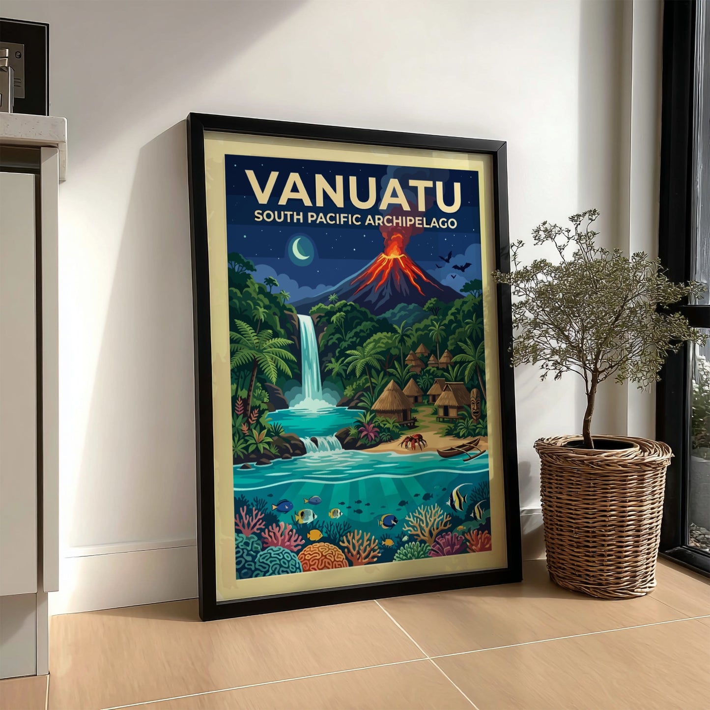 Travel poster of Vanuatu featuring a glowing volcano, waterfall, tropical village, and coral reef.