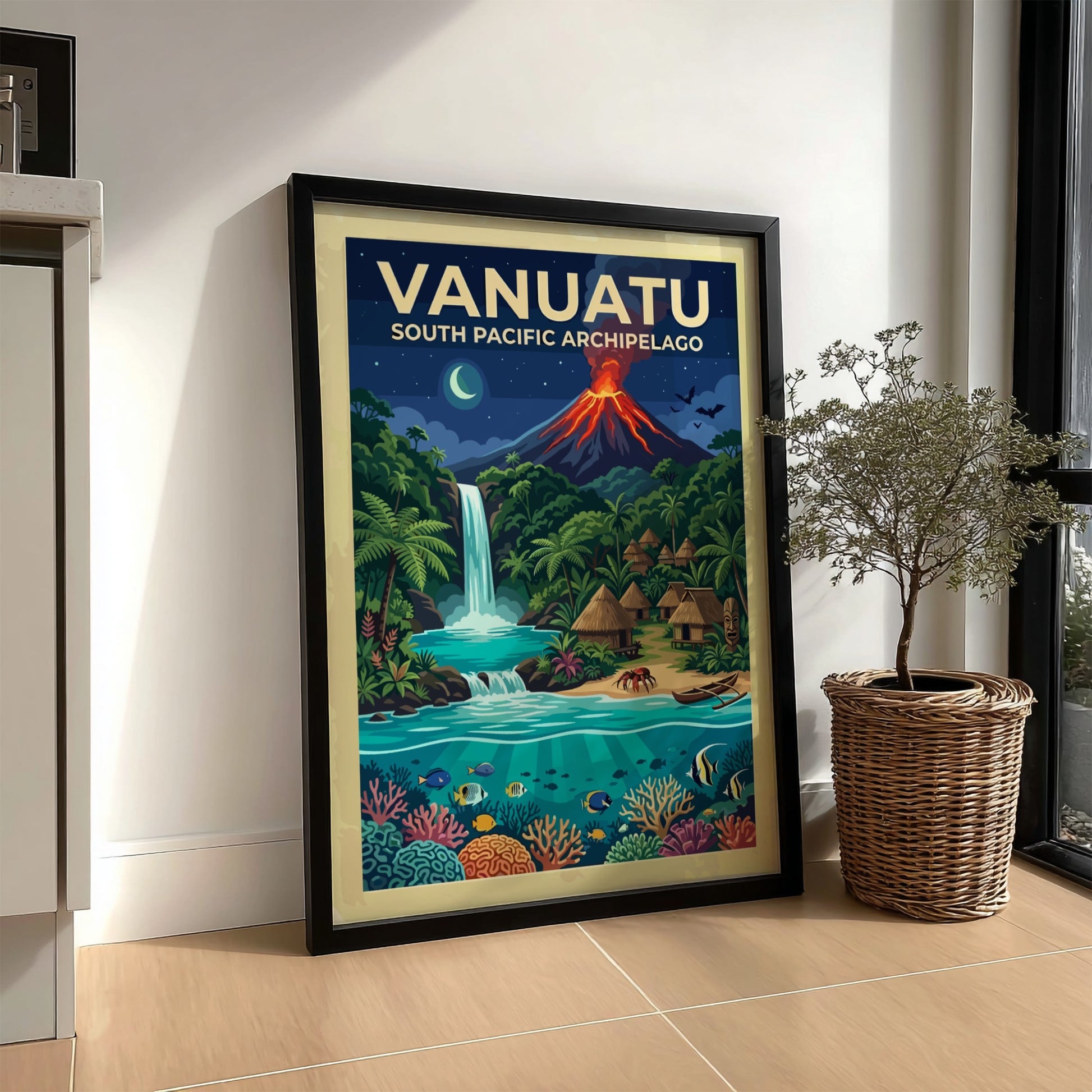 Travel poster of Vanuatu featuring a glowing volcano, waterfall, tropical village, and coral reef.