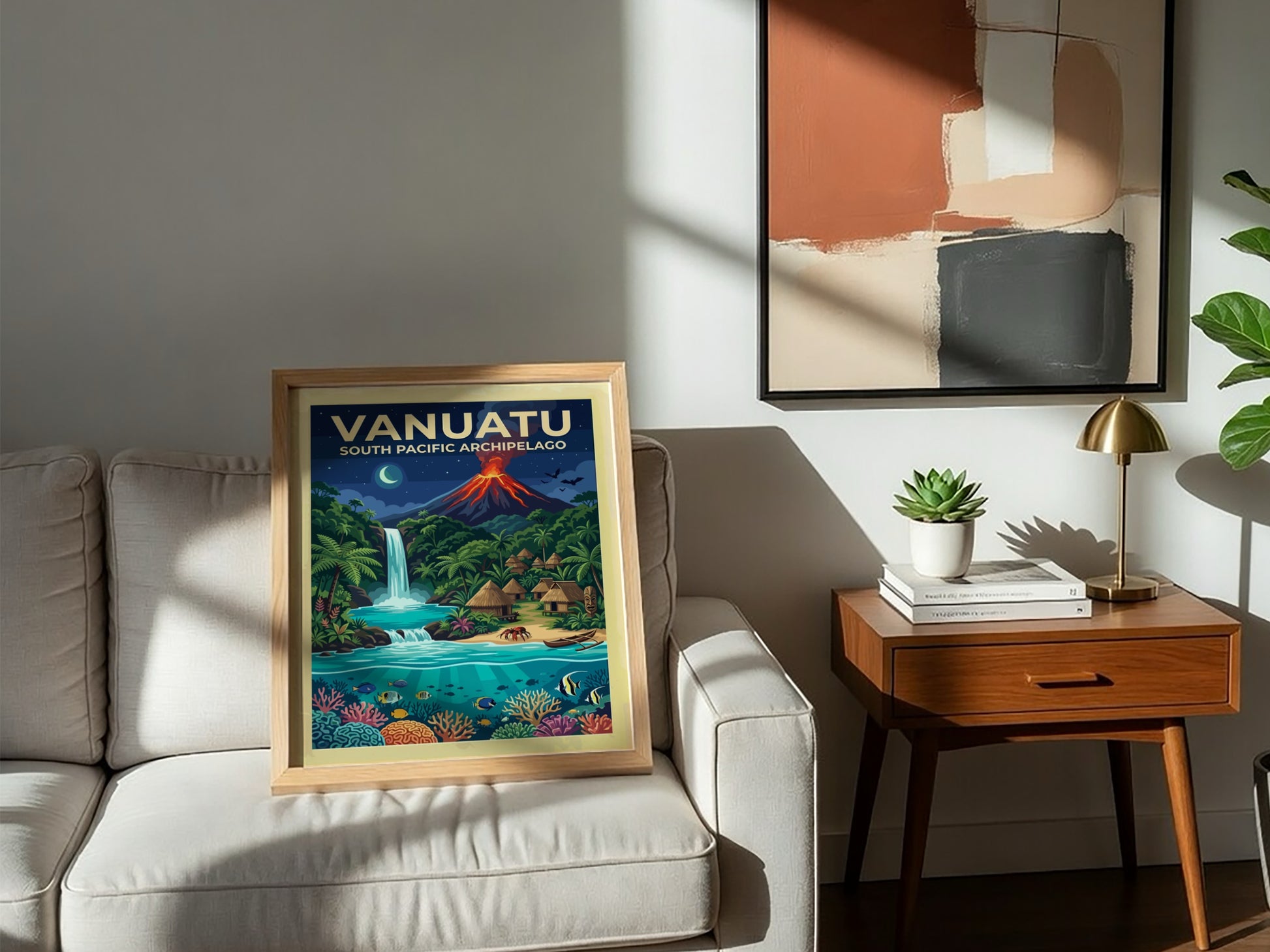 Travel poster of Vanuatu featuring a glowing volcano, waterfall, tropical village, and coral reef.