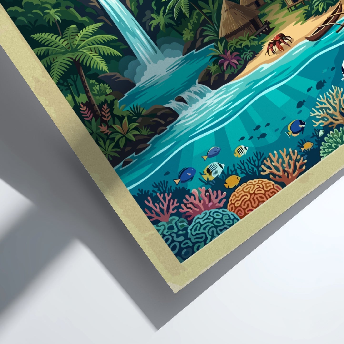 Travel poster of Vanuatu featuring a glowing volcano, waterfall, tropical village, and coral reef.