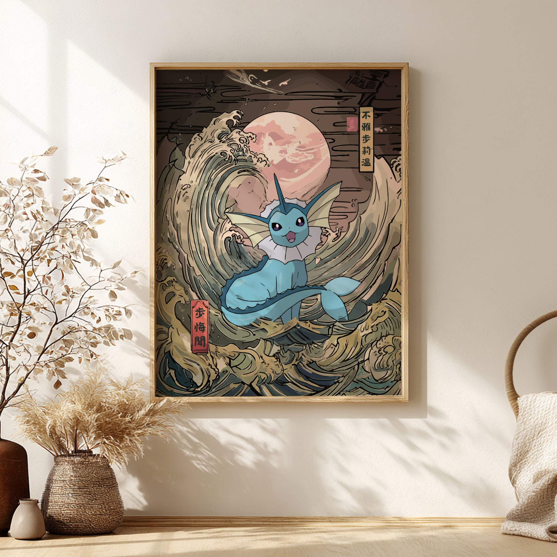 Framed artwork of Vaporeon Pokemon on a wave with a pink moon in a room with decor elements.