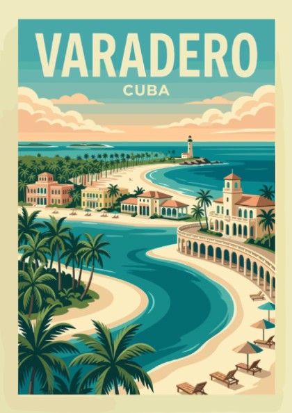 Varadero Cuba travel poster with vintage style, showing beaches, architecture, and a lighthouse.