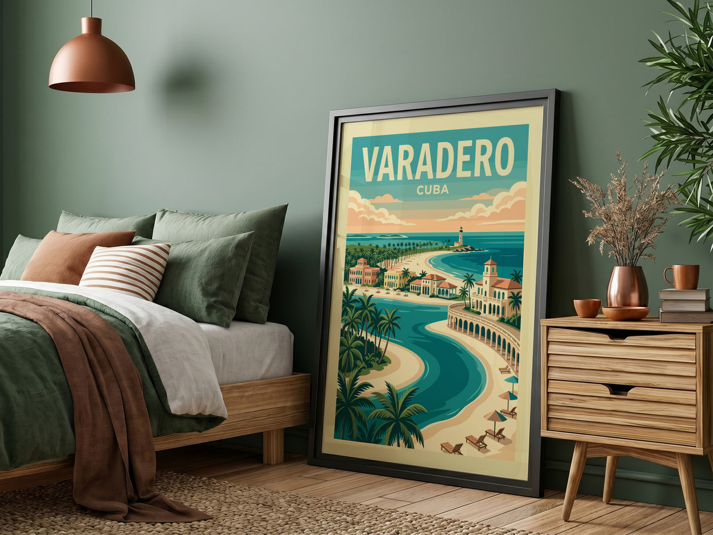 Varadero Cuba travel poster with vintage style, showing beaches, architecture, and a lighthouse.