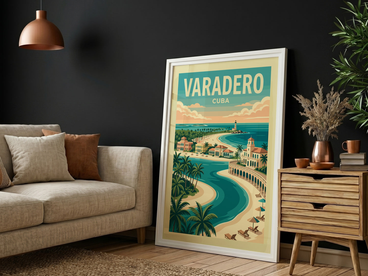 Varadero Cuba travel poster with vintage style, showing beaches, architecture, and a lighthouse.
