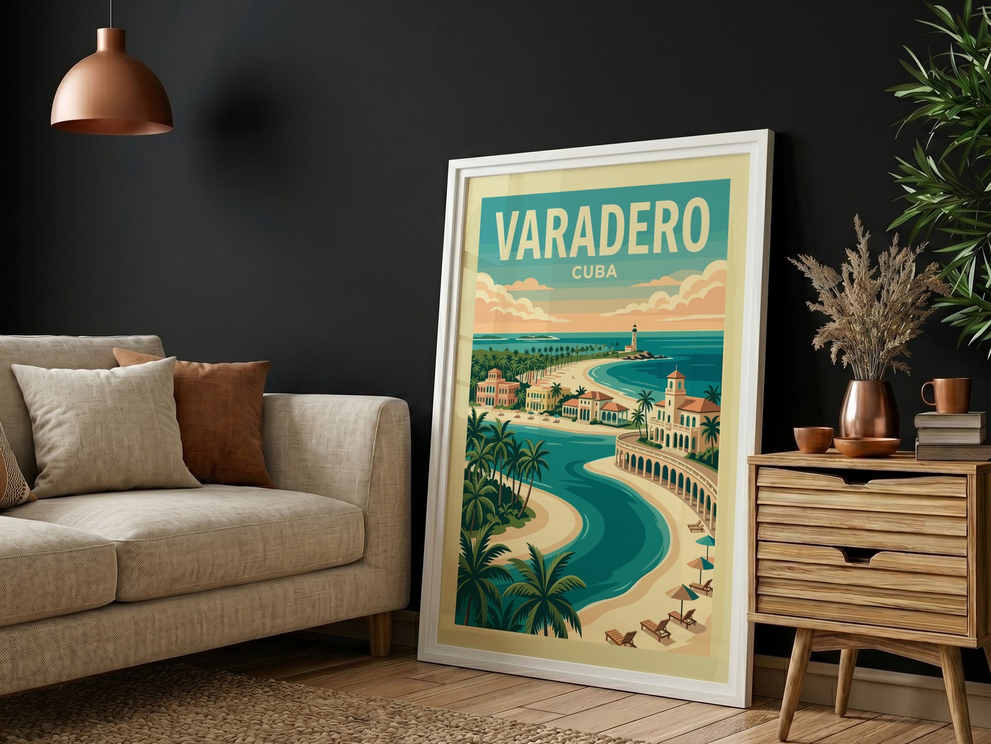 Varadero Cuba travel poster with vintage style, showing beaches, architecture, and a lighthouse.