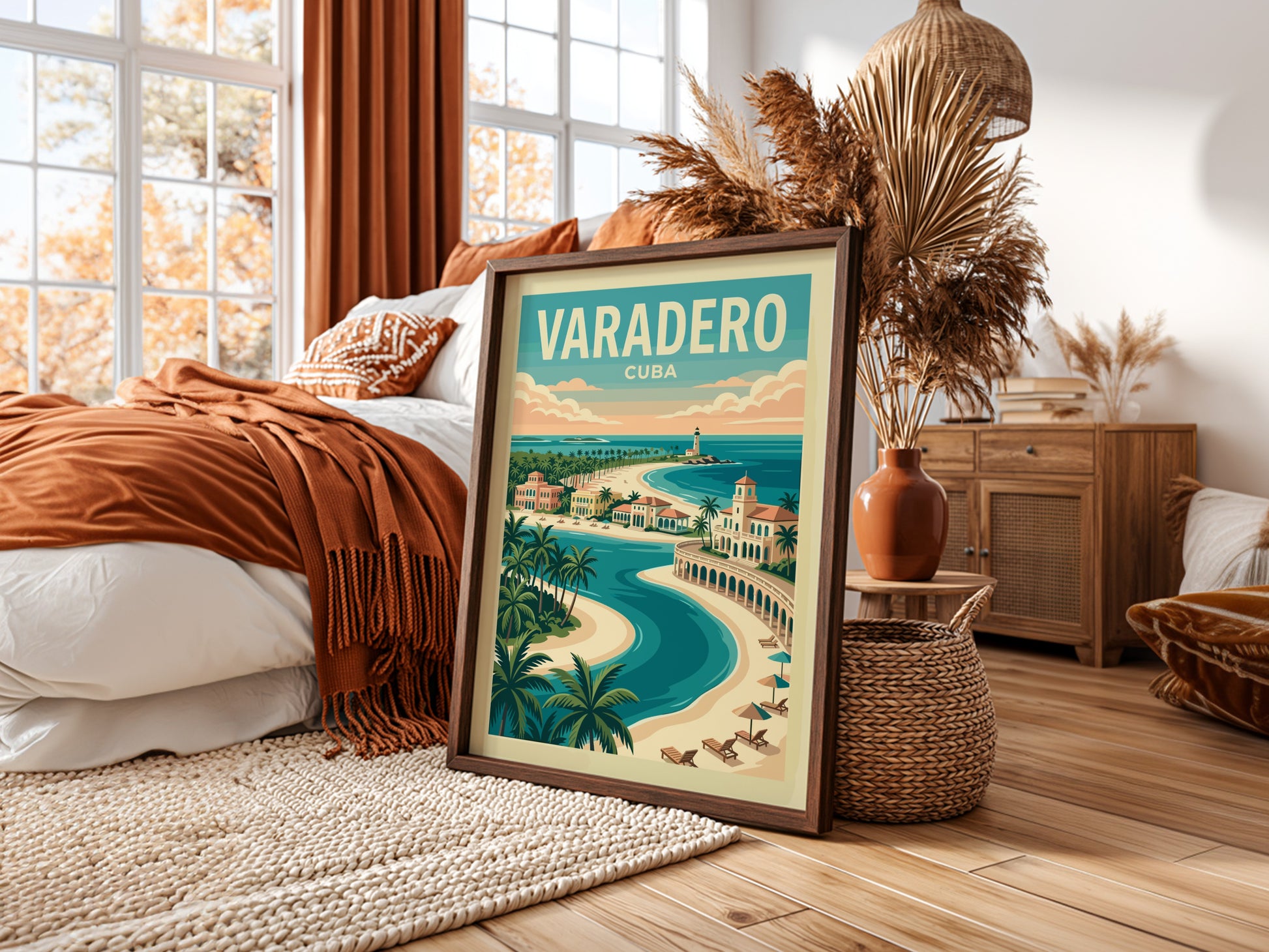Varadero Cuba travel poster with vintage style, showing beaches, architecture, and a lighthouse.