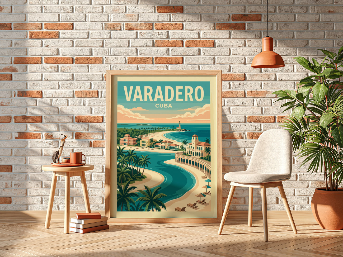 Varadero Cuba travel poster with vintage style, showing beaches, architecture, and a lighthouse.