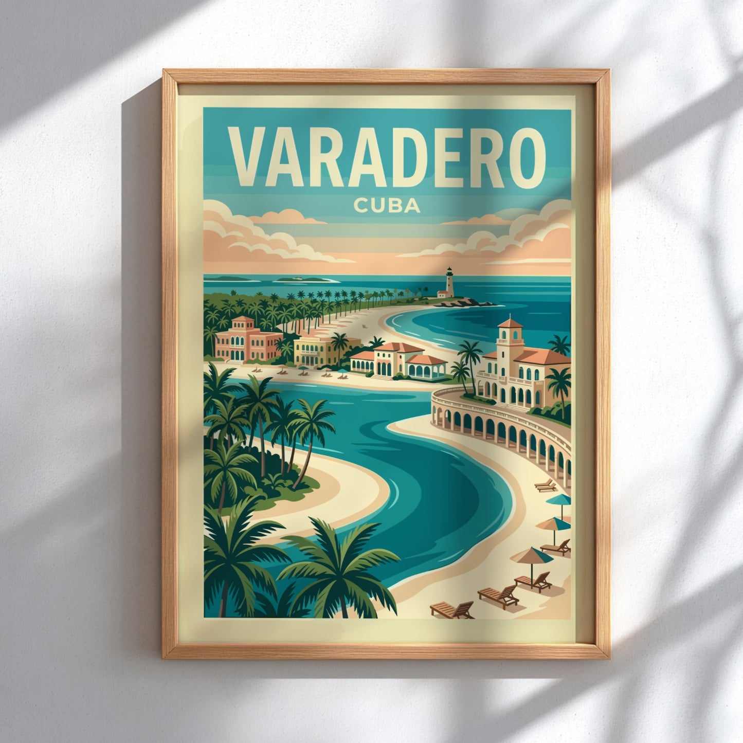Varadero Cuba travel poster with vintage style, showing beaches, architecture, and a lighthouse.