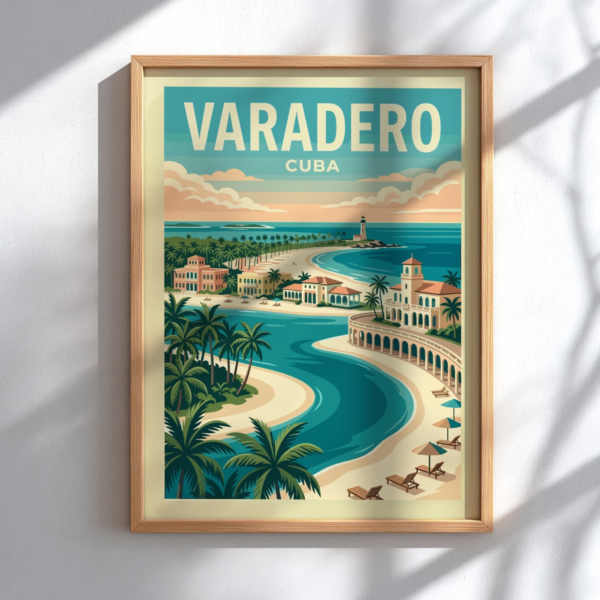 Varadero Cuba travel poster with vintage style, showing beaches, architecture, and a lighthouse.