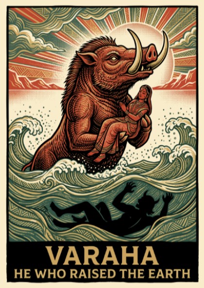 Varaha poster featuring a divine boar saving the earth from turbulent ocean waves