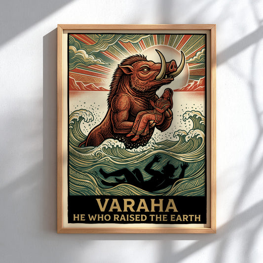 Varaha poster featuring a divine boar saving the earth from turbulent ocean waves