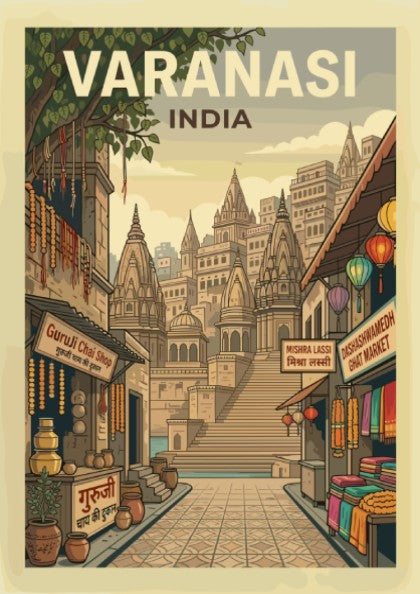 Vintage travel poster of Varanasi, India, showcasing intricate illustrations of ghats and streets in a warm