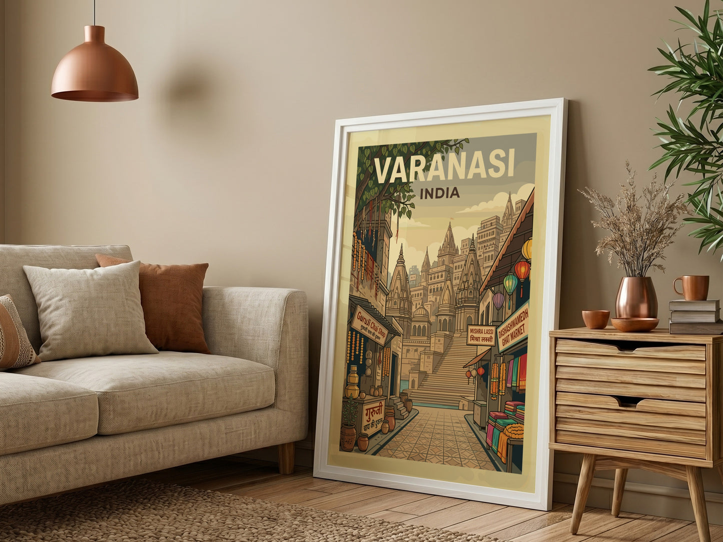 Vintage travel poster of Varanasi, India, showcasing intricate illustrations of ghats and streets in a warm