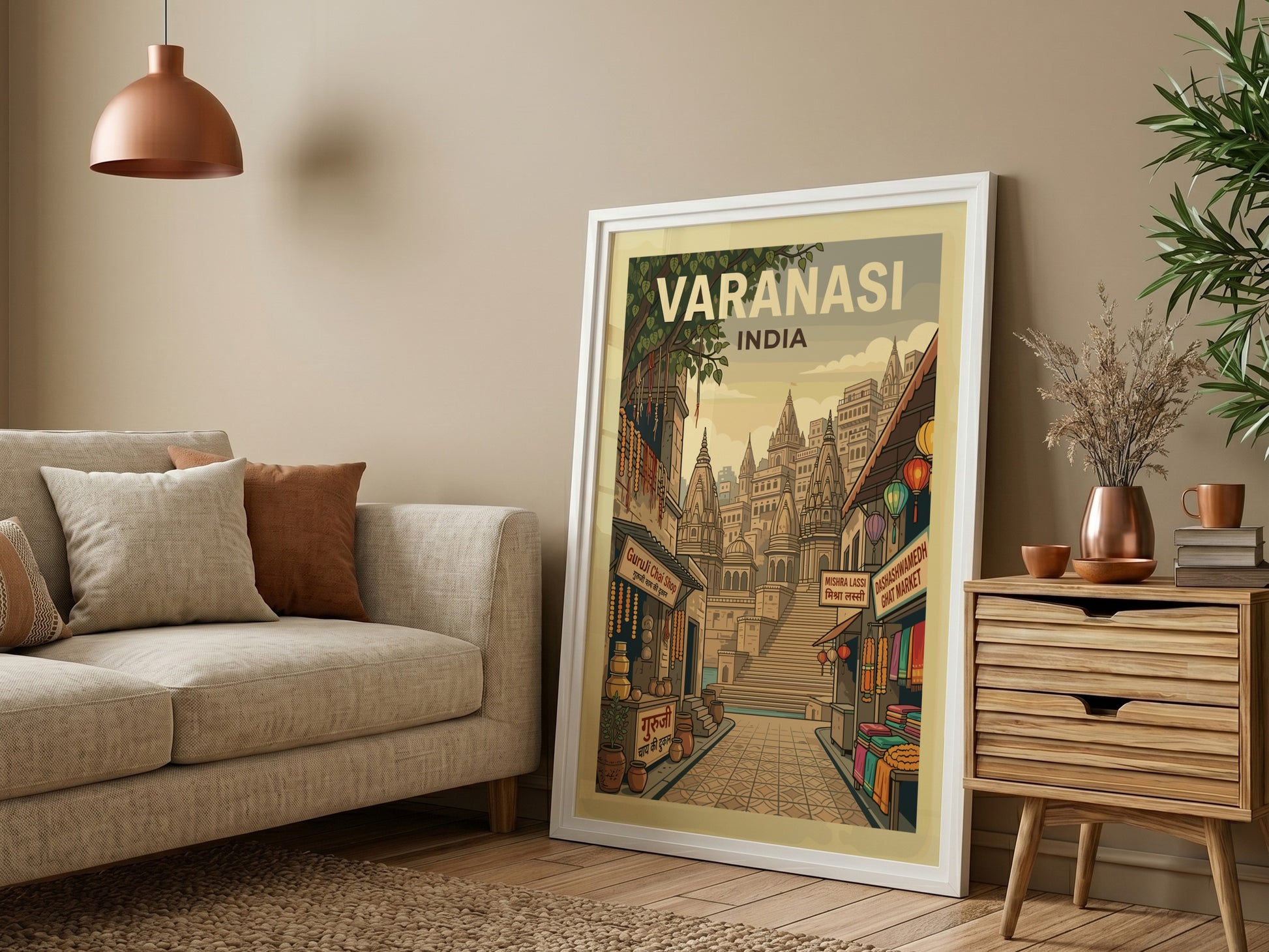 Vintage travel poster of Varanasi, India, showcasing intricate illustrations of ghats and streets in a warm