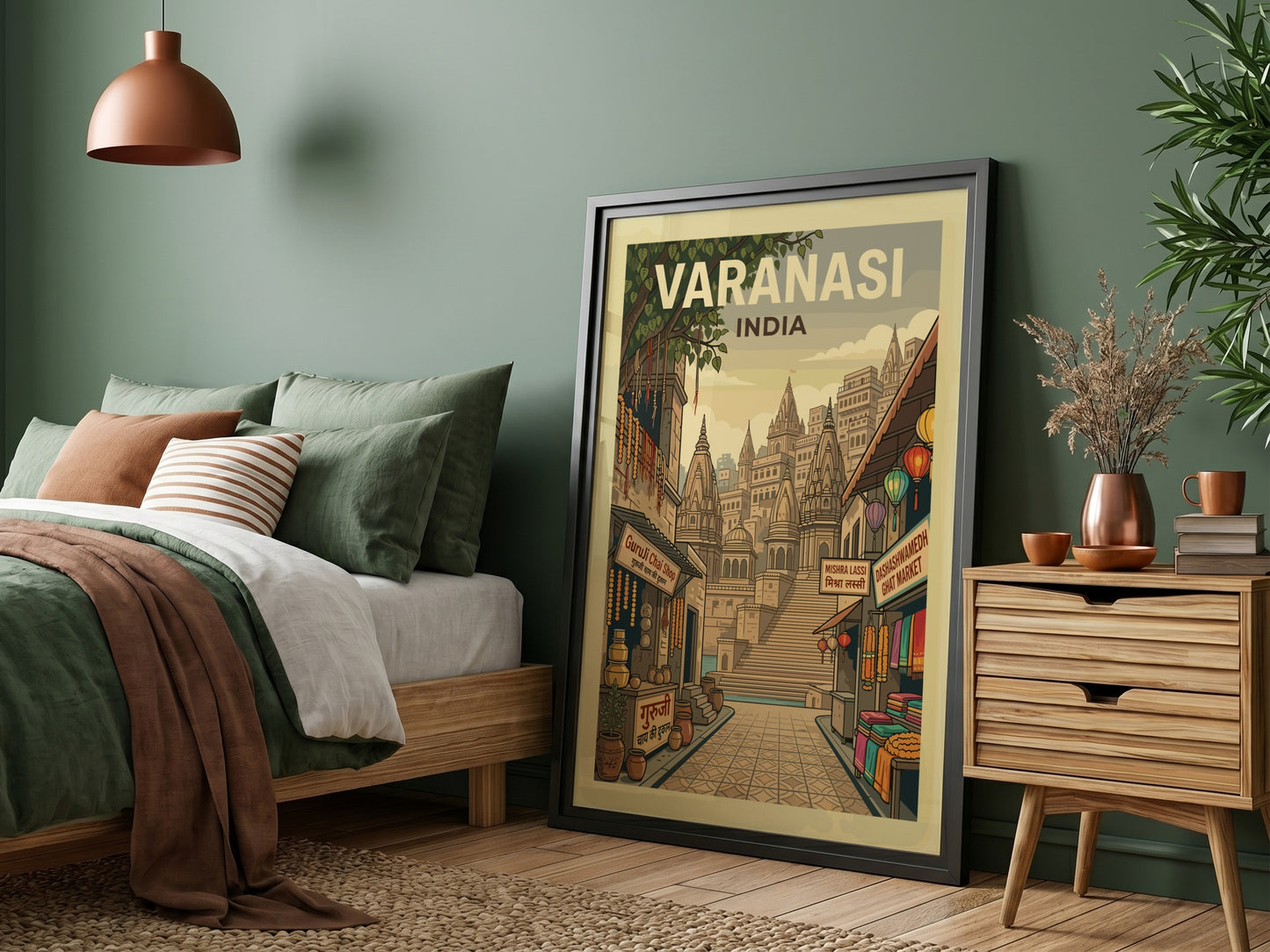 Vintage travel poster of Varanasi, India, showcasing intricate illustrations of ghats and streets in a warm