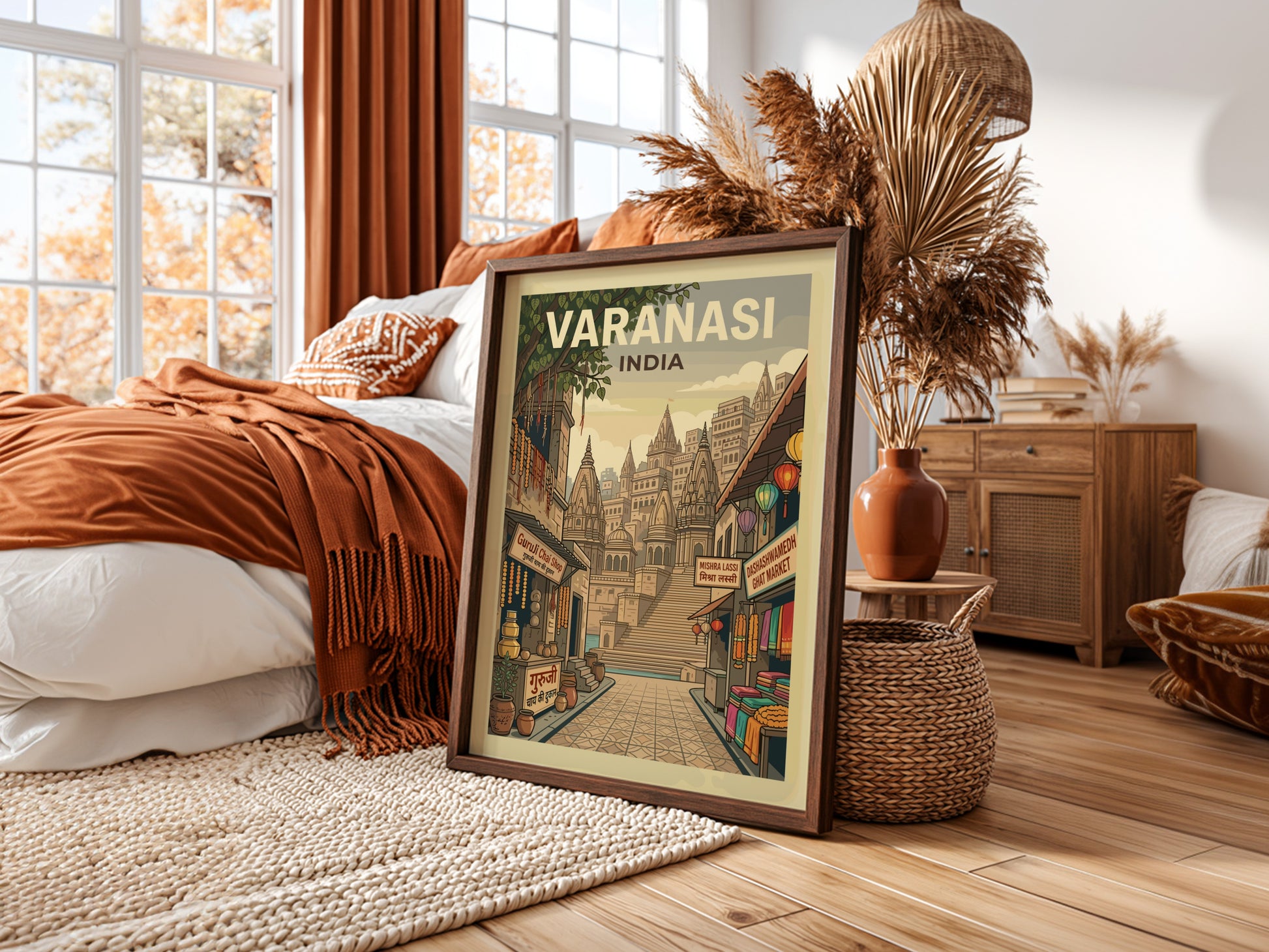 Vintage travel poster of Varanasi, India, showcasing intricate illustrations of ghats and streets in a warm
