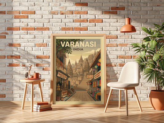 Vintage travel poster of Varanasi, India, showcasing intricate illustrations of ghats and streets in a warm