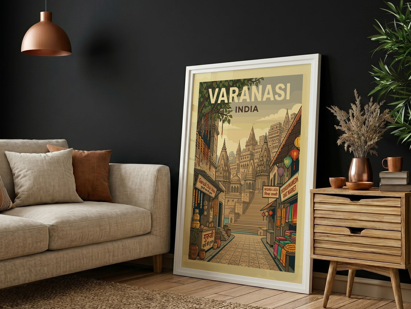 Vintage travel poster of Varanasi, India, showcasing intricate illustrations of ghats and streets in a warm