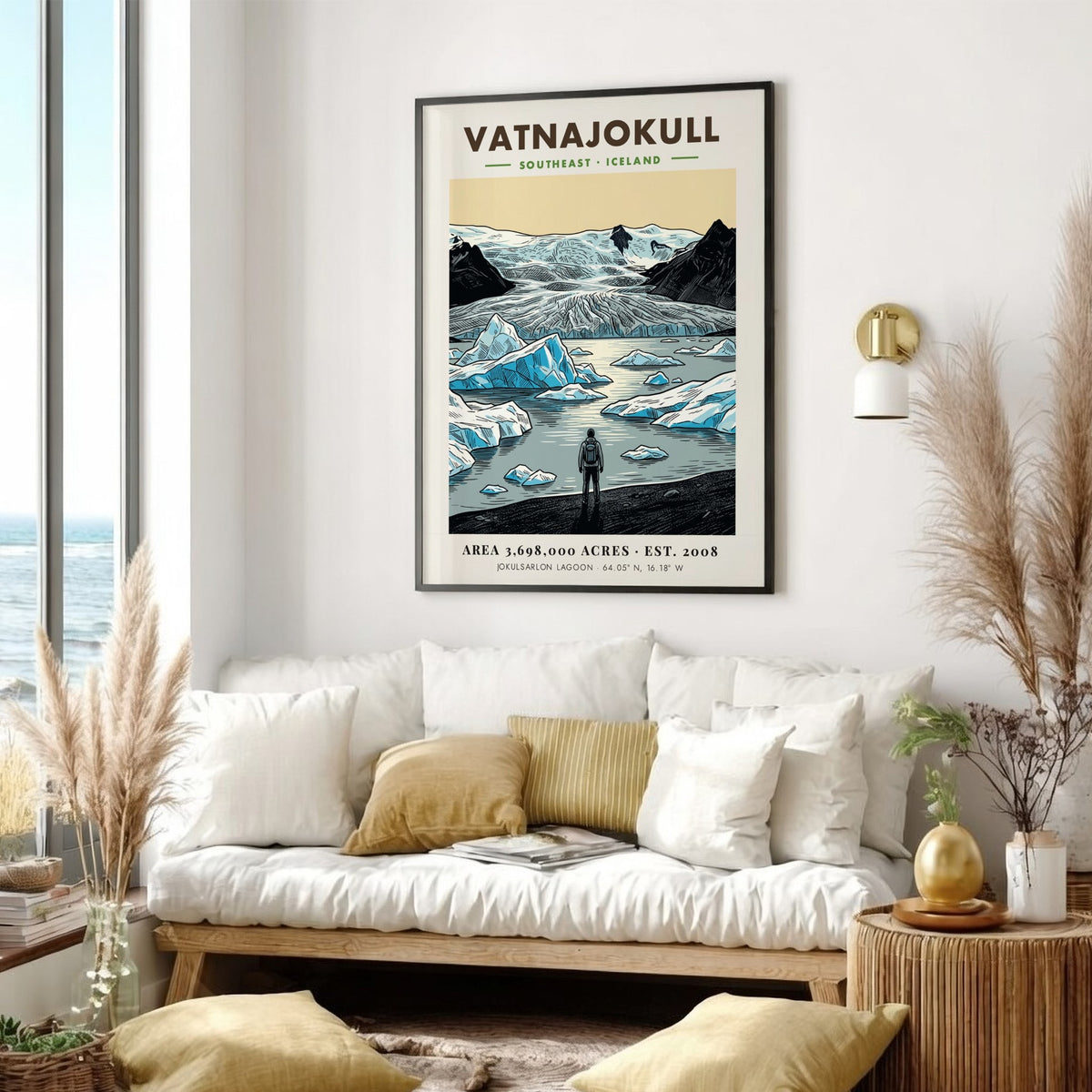 Poster of Vatnajokull National Park in Iceland featuring glaciers and a lone hiker.