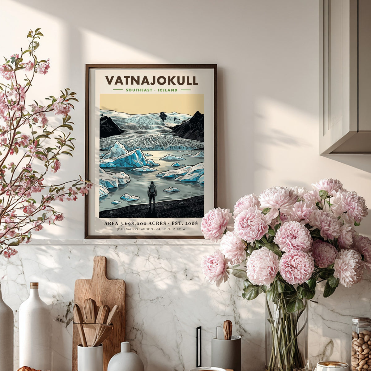 Poster of Vatnajokull National Park in Iceland featuring glaciers and a lone hiker.