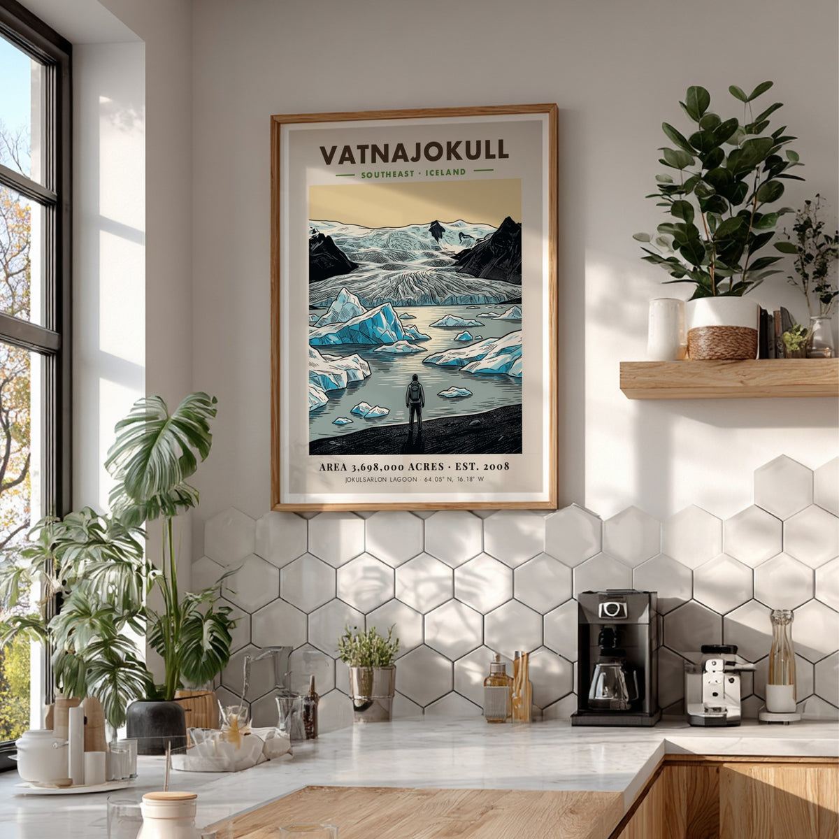 Poster of Vatnajokull National Park in Iceland featuring glaciers and a lone hiker.