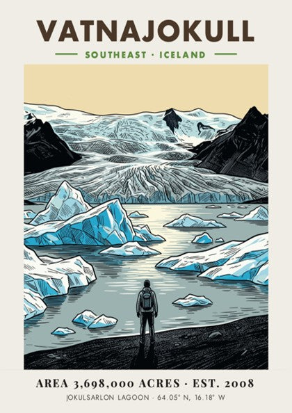 Poster of Vatnajokull National Park in Iceland featuring glaciers and a lone hiker.