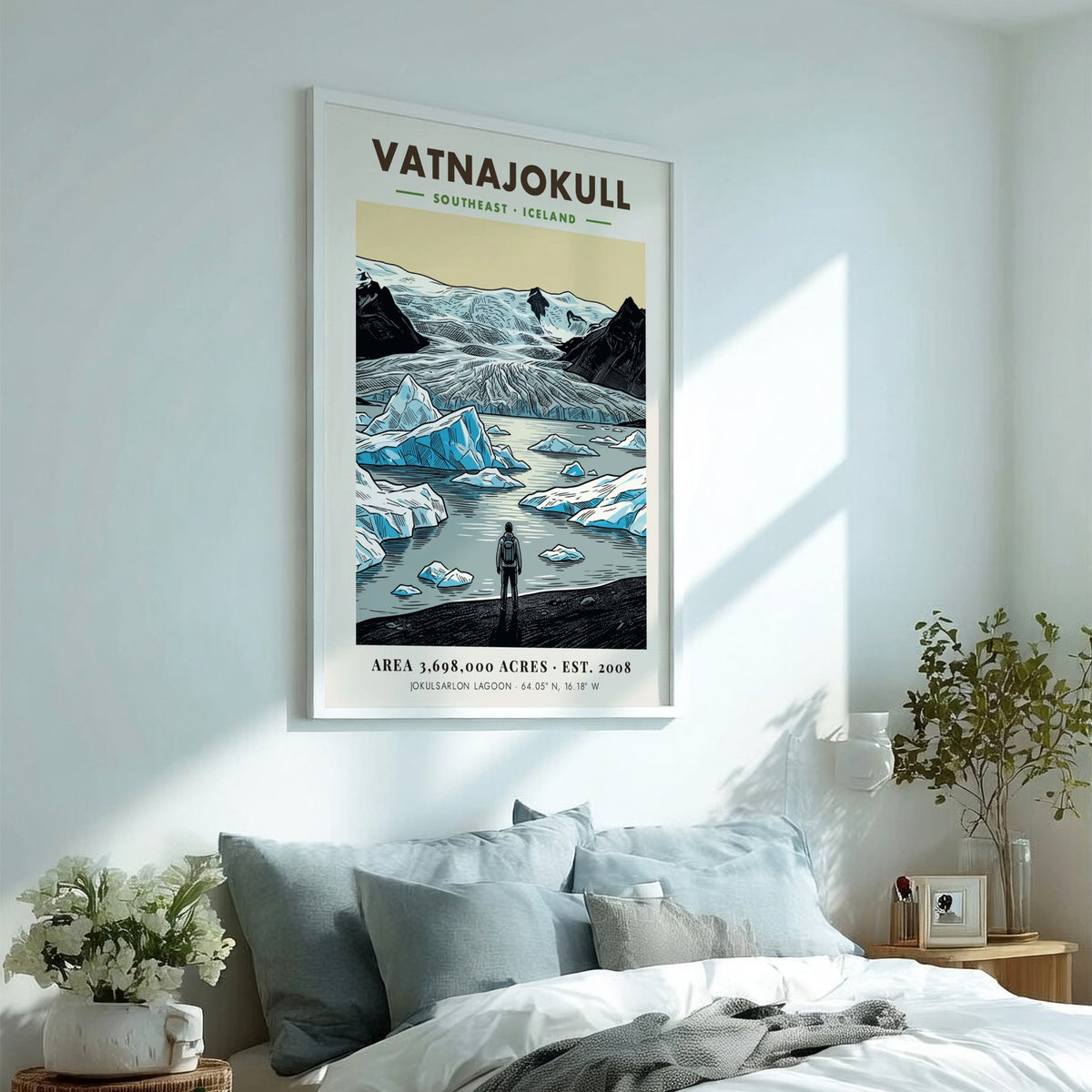 Poster of Vatnajokull National Park in Iceland featuring glaciers and a lone hiker.
