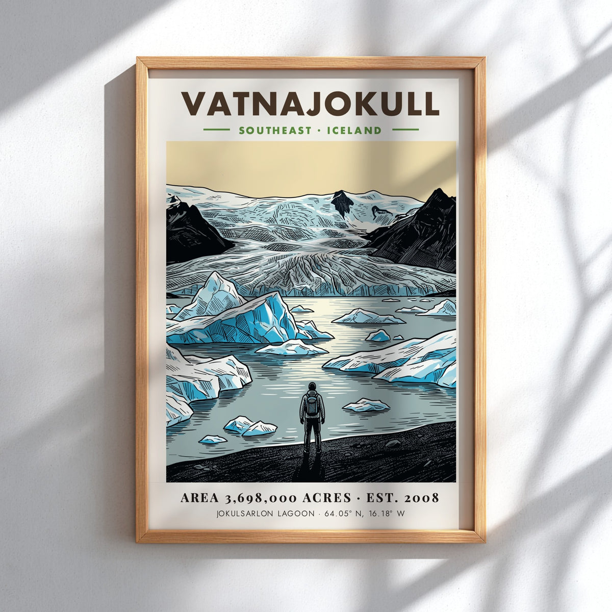 Poster of Vatnajokull National Park in Iceland featuring glaciers and a lone hiker.
