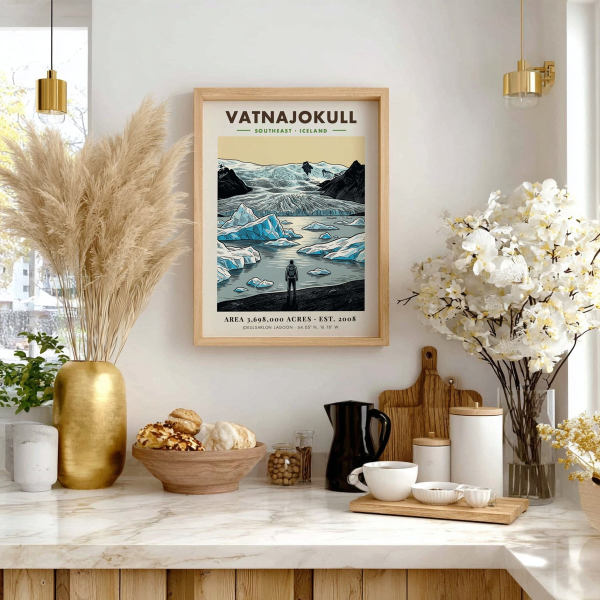Poster of Vatnajokull National Park in Iceland featuring glaciers and a lone hiker.