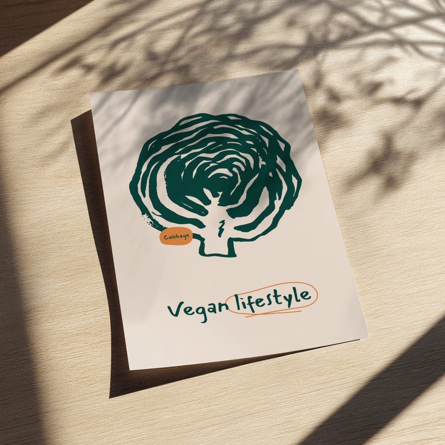 Card with a green broccoli illustration and 'Vegan Lifestyle' text on a beige background