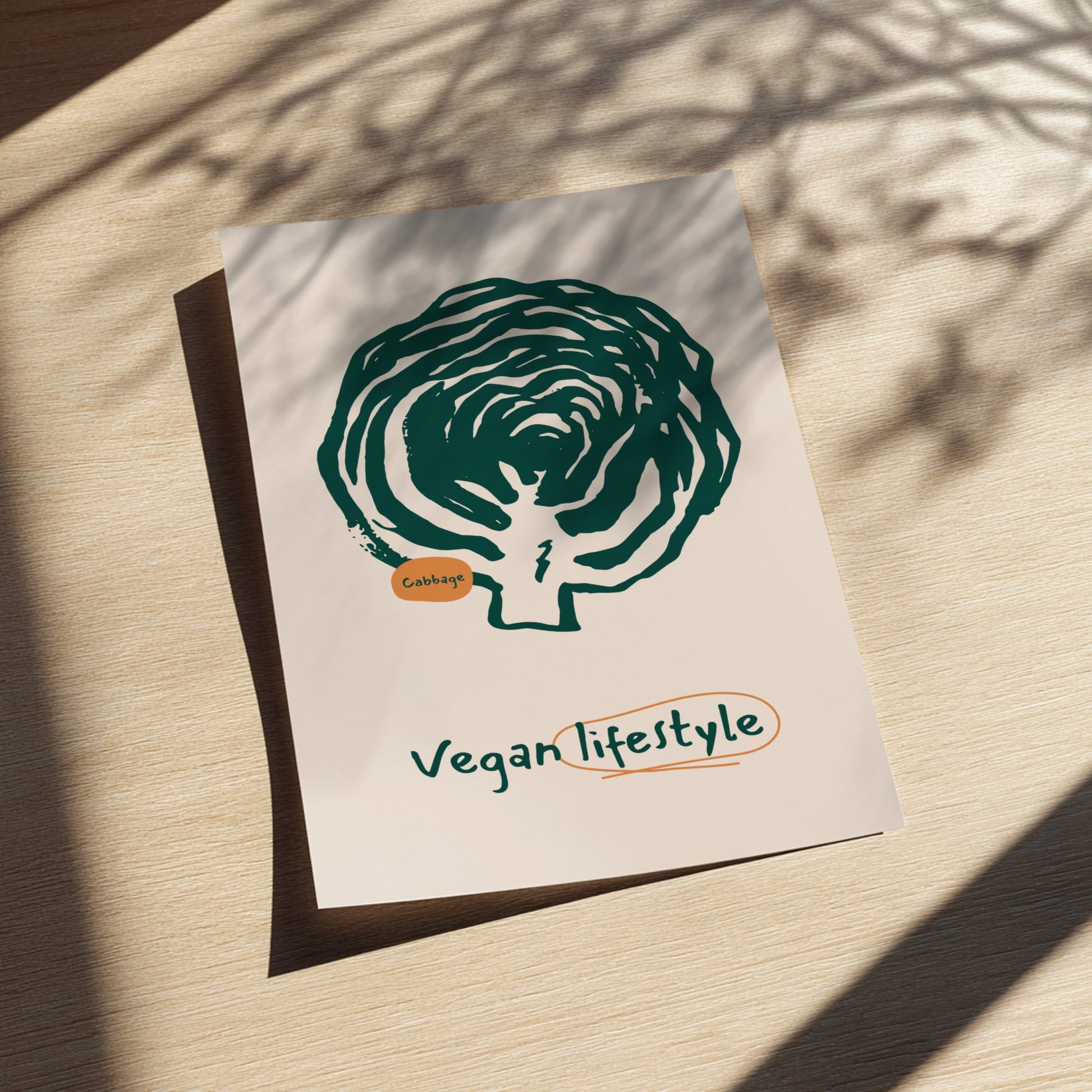 Card with a green broccoli illustration and 'Vegan Lifestyle' text on a beige background