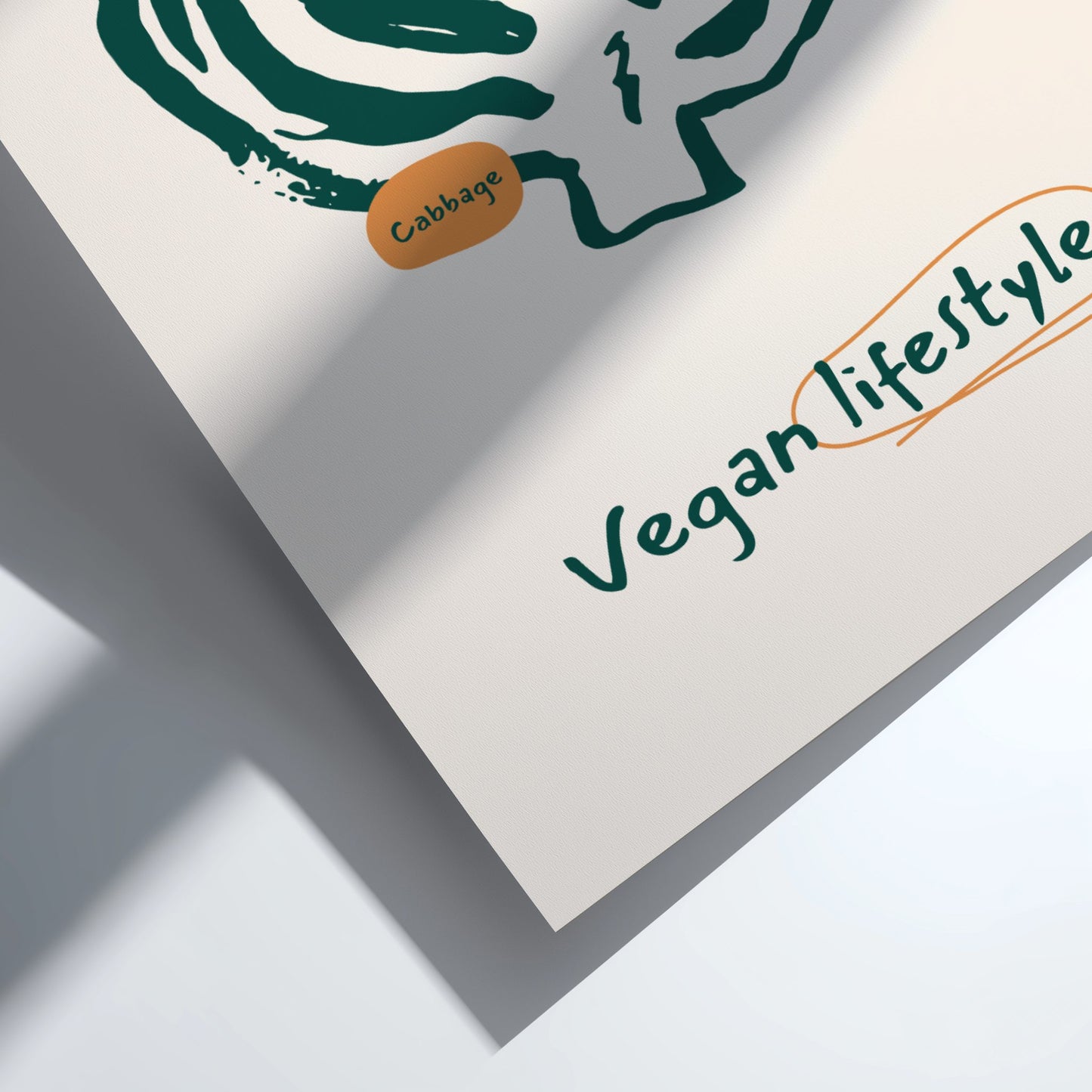 Sheet of paper with a drawing of a cabbage and the word 'Cabbage' on it, with 'Vegan lifestyle' text.
