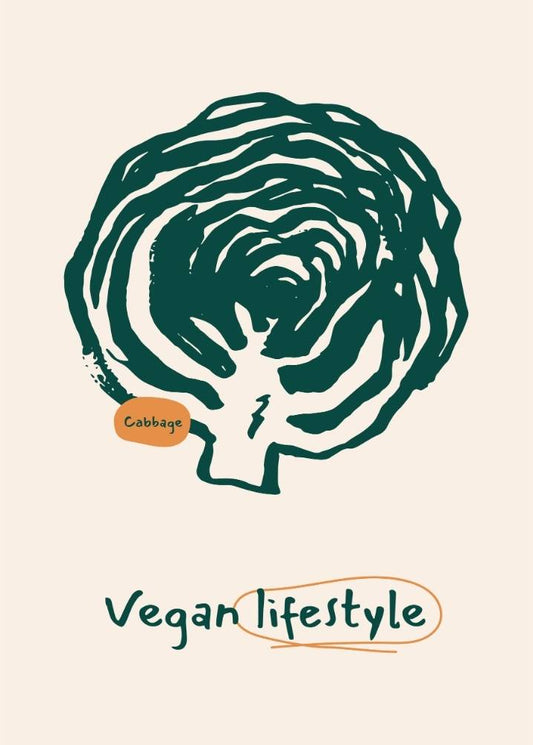 Illustration of a cabbage with 'Vegan Lifestyle' text on a beige background