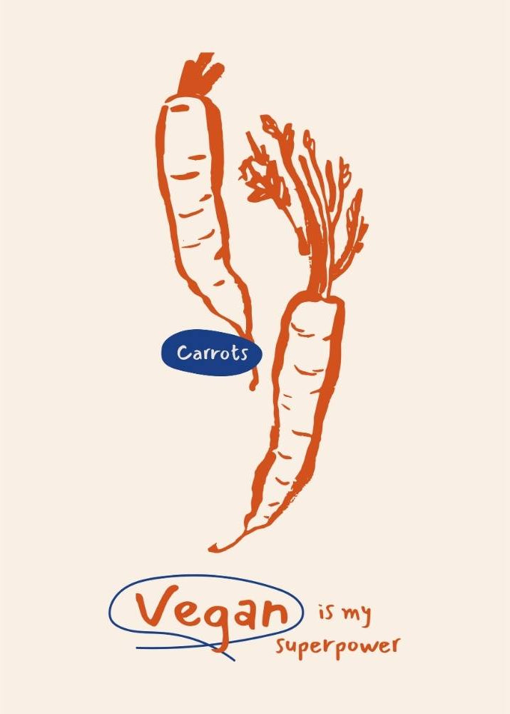 Illustration of carrots with 'Vegan is my Superpower' text on a beige background