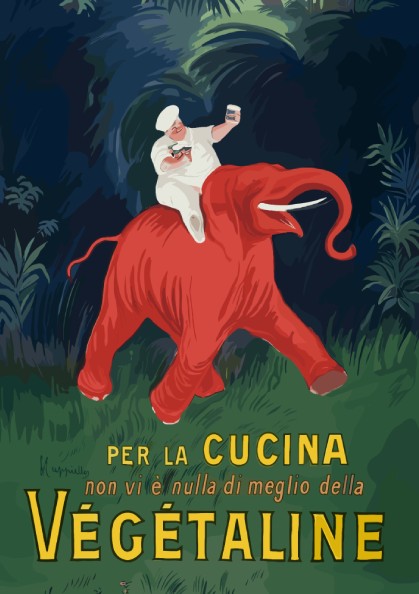 Vintage Vegetaline poster by Leonetto Cappiello featuring a chef on a red elephant. Art Nouveau style.