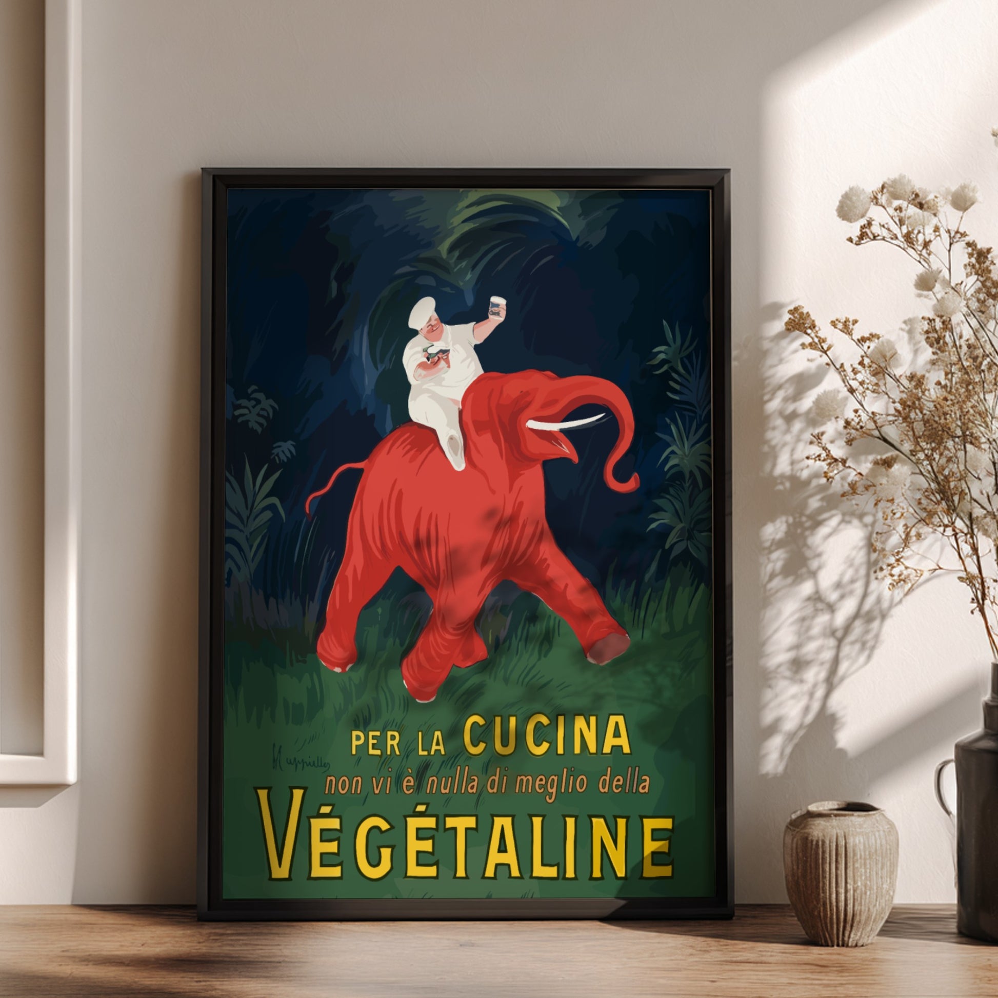 Vintage Vegetaline poster by Leonetto Cappiello featuring a chef on a red elephant. Art Nouveau style.
