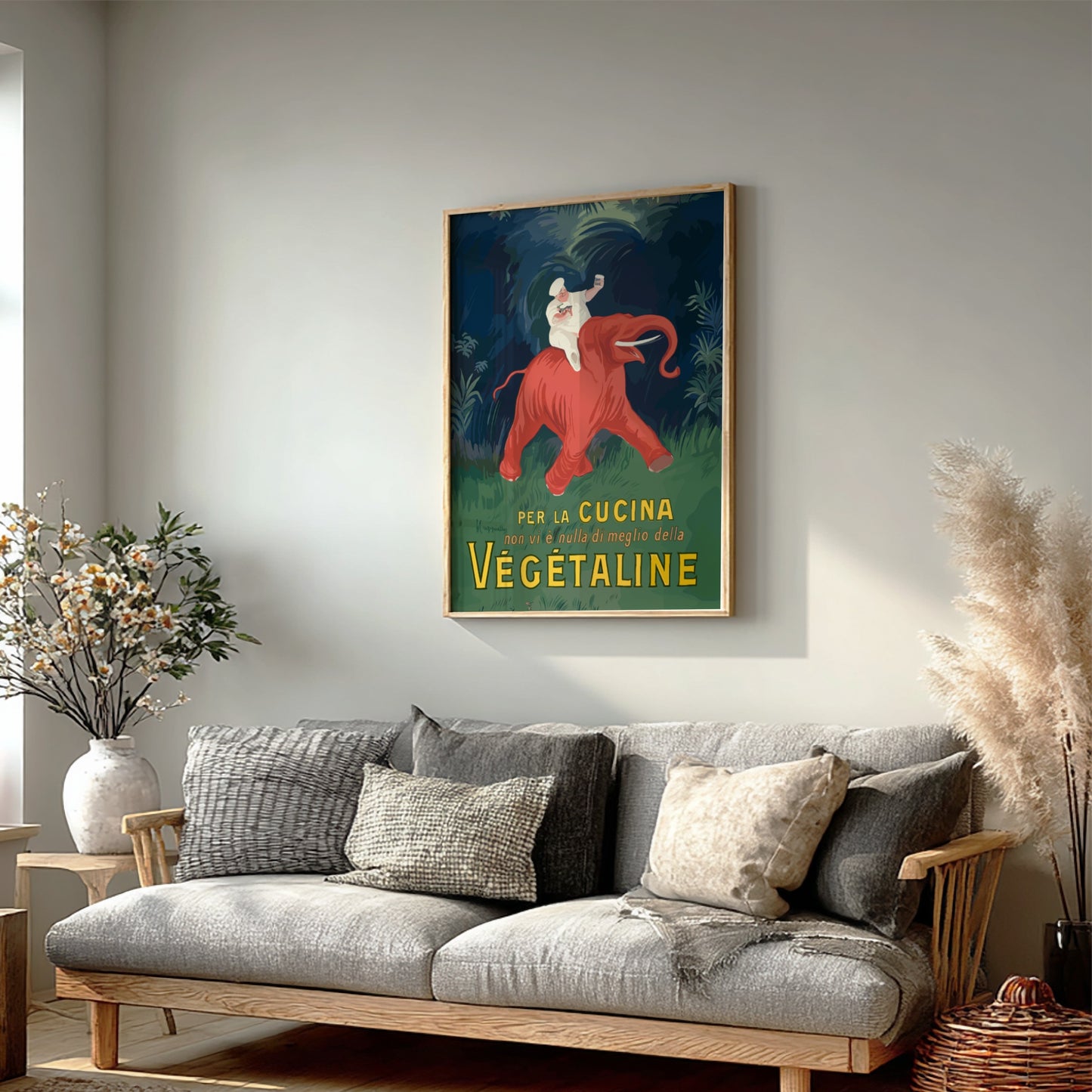 Vintage Vegetaline poster by Leonetto Cappiello featuring a chef on a red elephant. Art Nouveau style.
