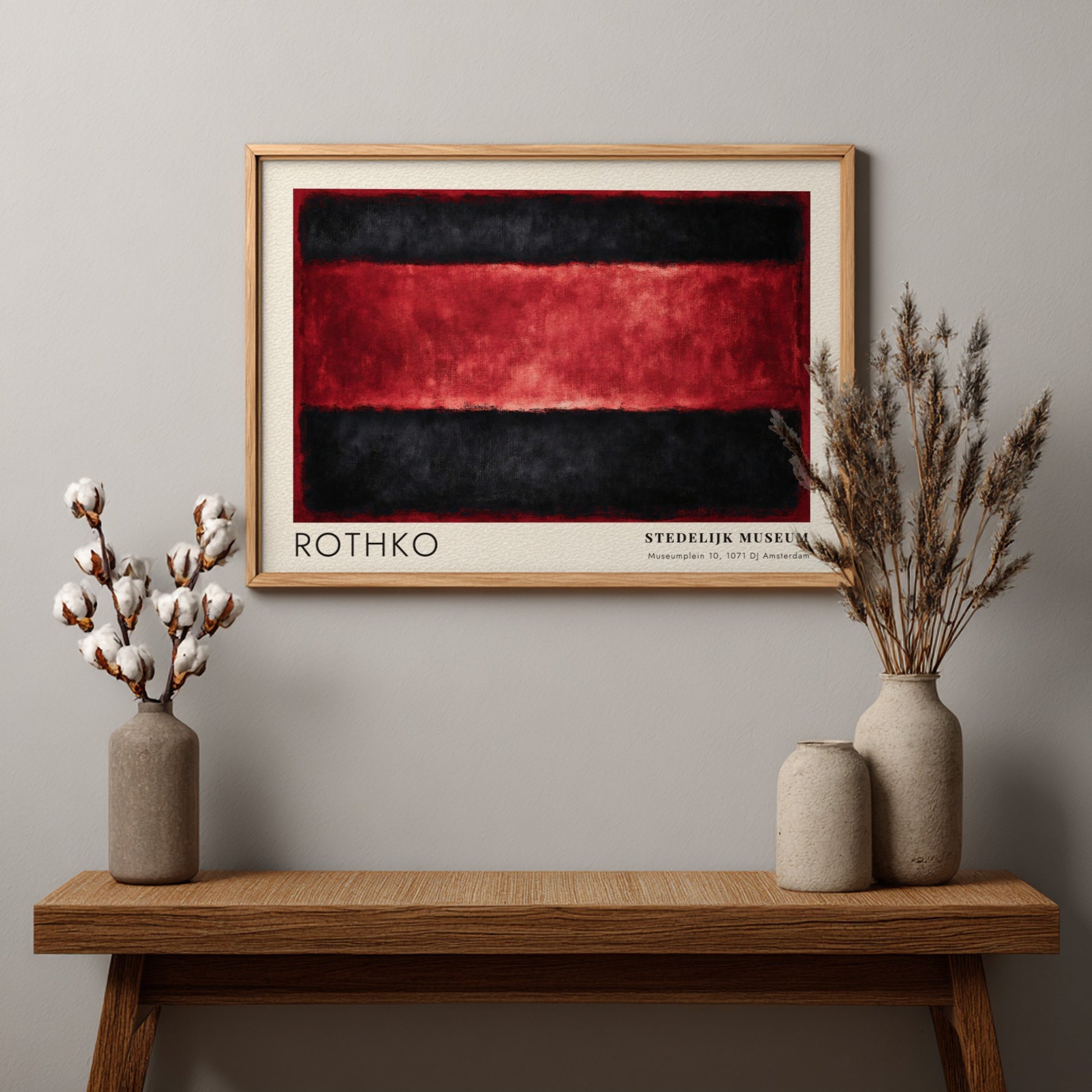 Wall art poster featuring Mark Rothko Veld en Stilte with black and red bands.