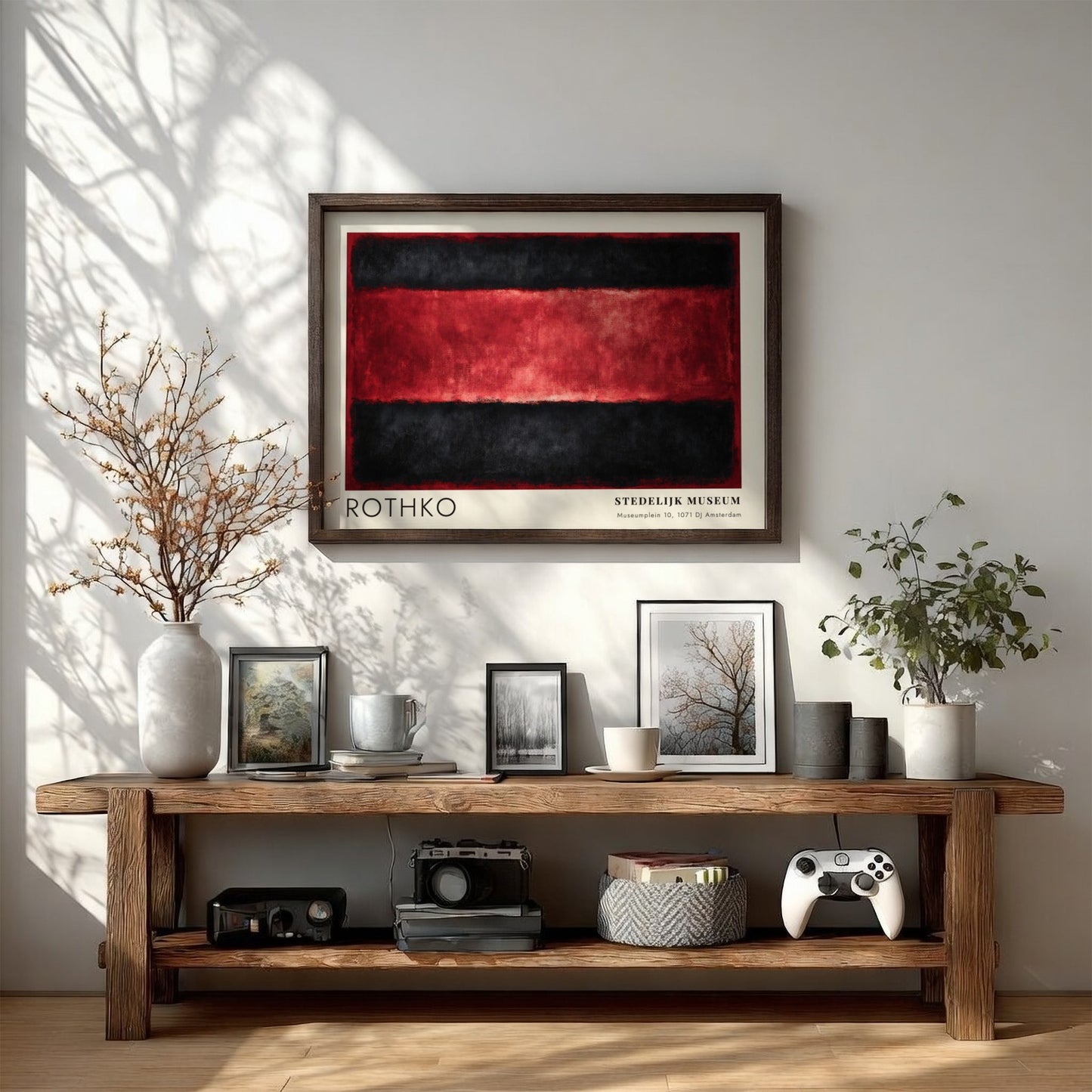 Wall art poster featuring Mark Rothko Veld en Stilte with black and red bands.