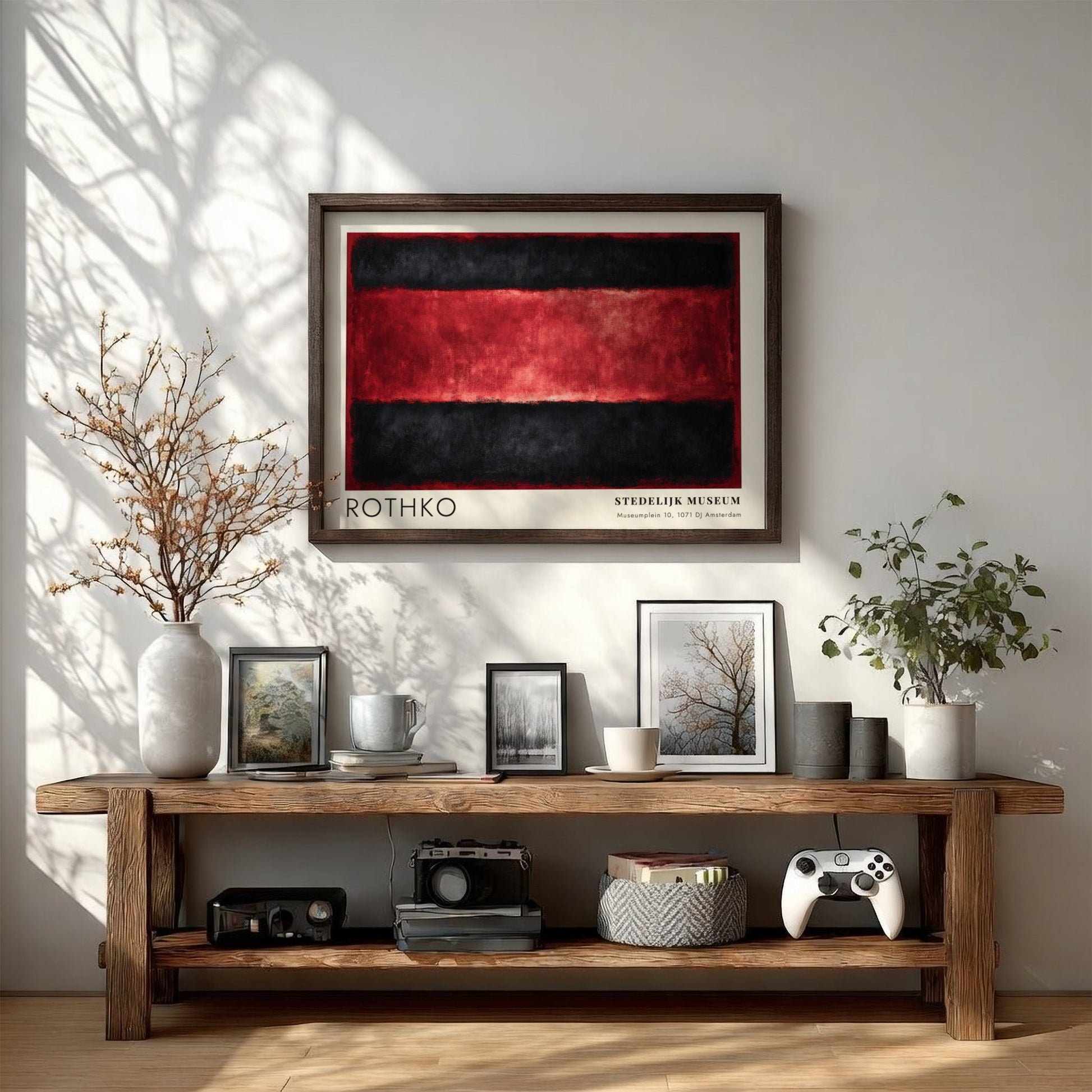 Wall art poster featuring Mark Rothko Veld en Stilte with black and red bands.