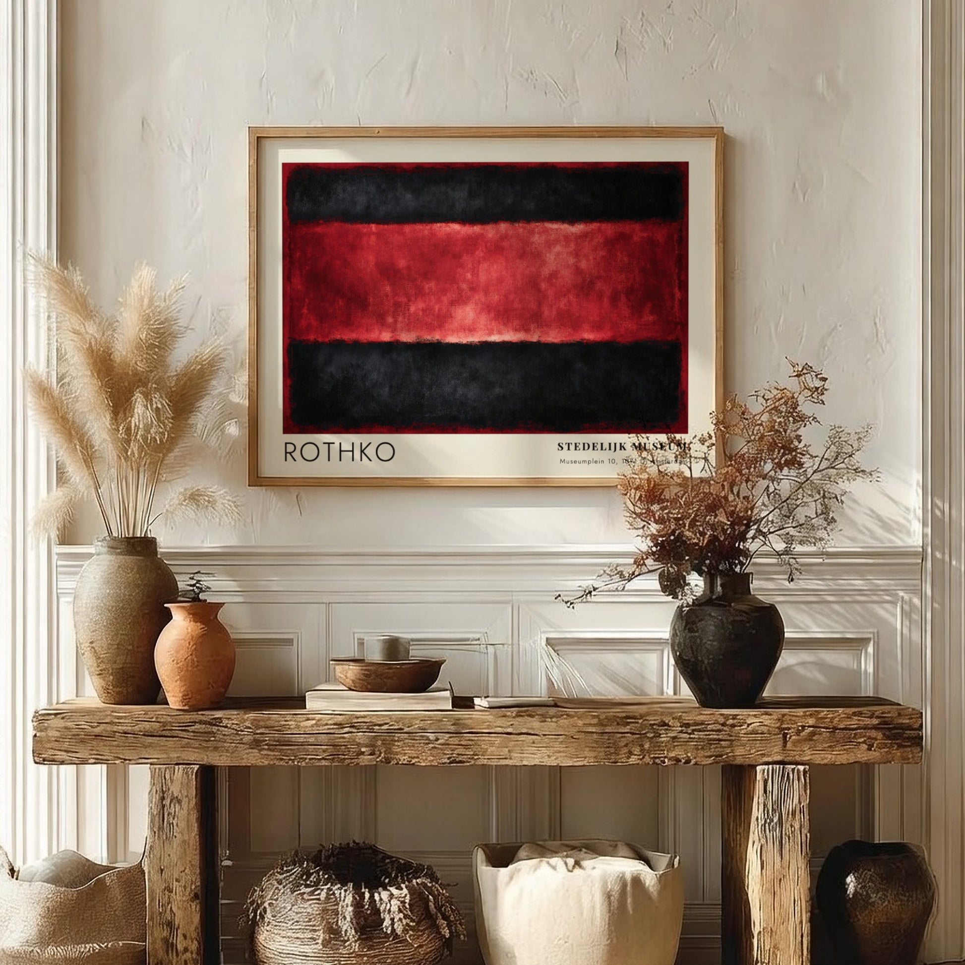 Wall art poster featuring Mark Rothko Veld en Stilte with black and red bands.